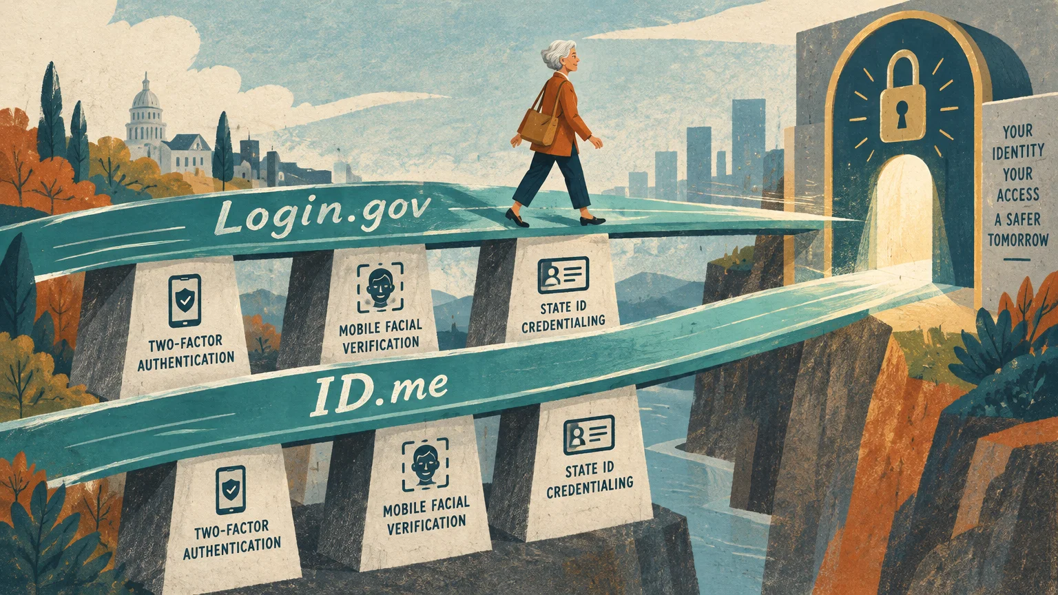 Illustration of a woman walking across bridges labeled Login.gov and ID.me toward an illuminated arch with a padlock.