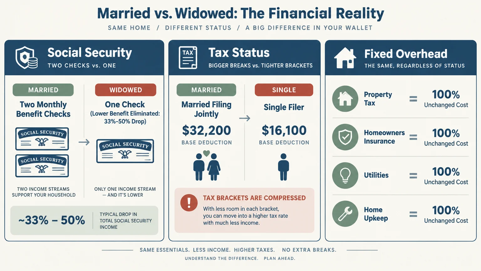 Infographic comparing married and widowed finances across Social Security, tax deductions, and fixed household overhead costs.