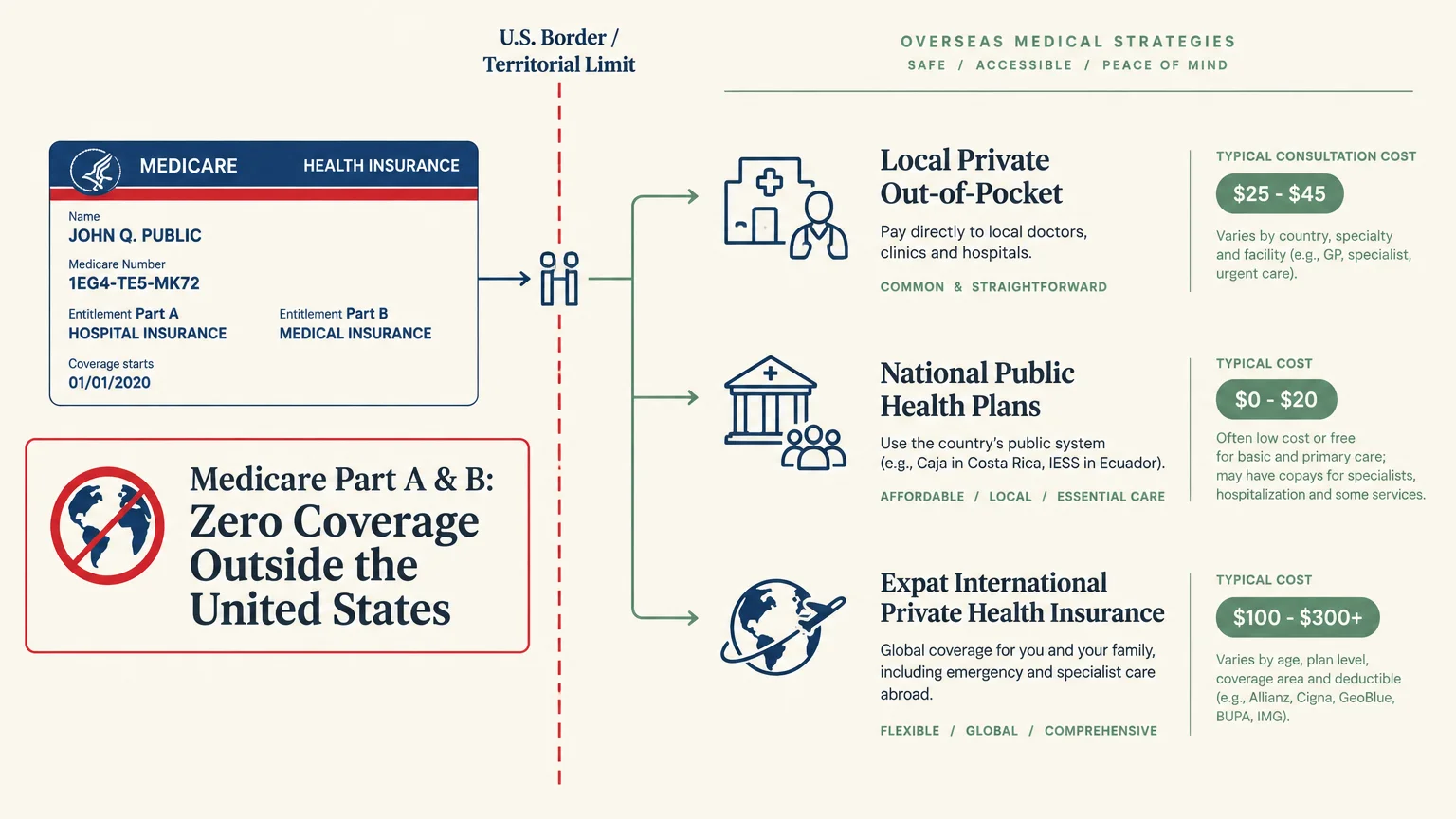 Diagram showing Medicare stopping at the U.S. border alongside three overseas healthcare options with estimated costs.