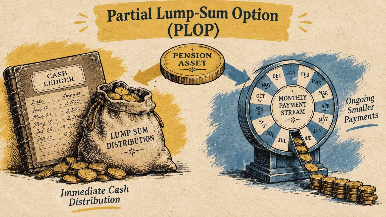 Diagram dividing a pension asset into a money bag of cash distribution and a calendar wheel of smaller monthly payments.