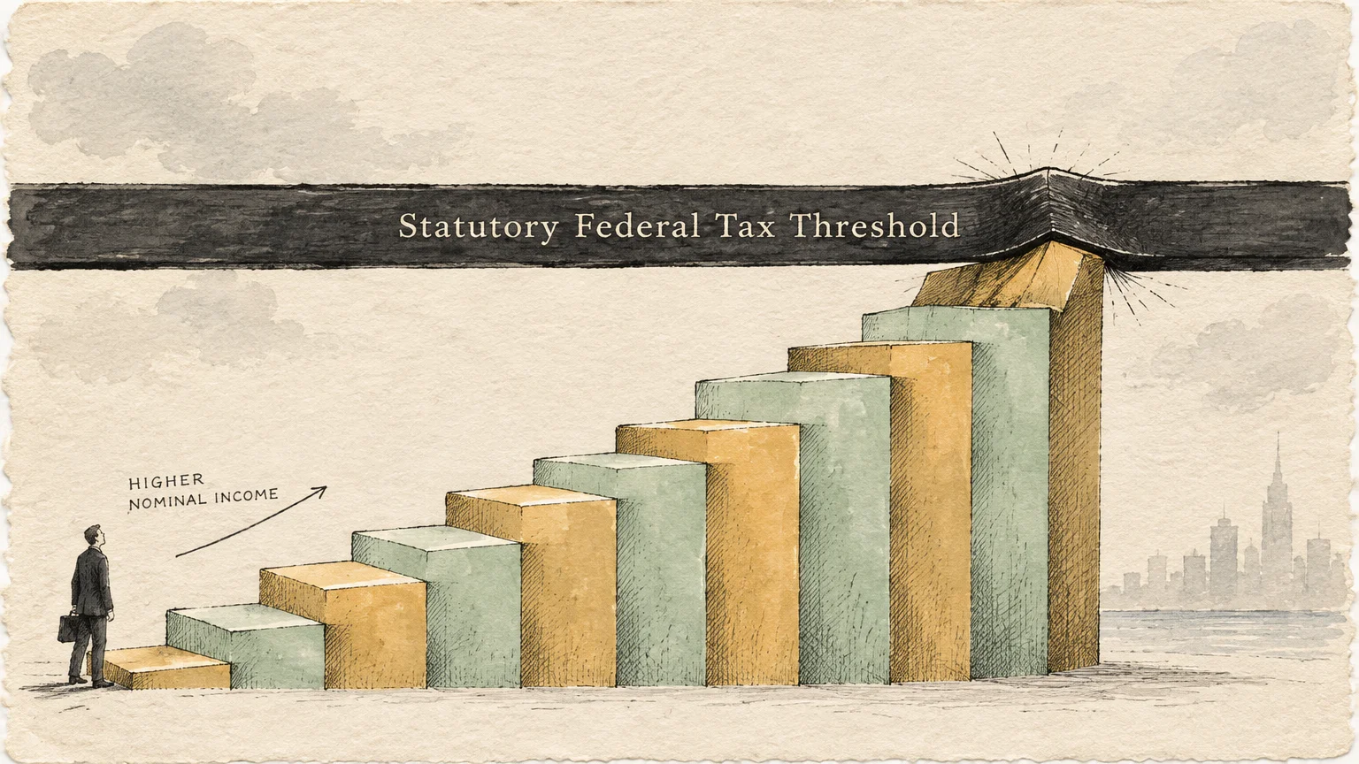 Illustration of rising bar chart steps colliding with a fixed ceiling labeled Statutory Federal Tax Threshold.