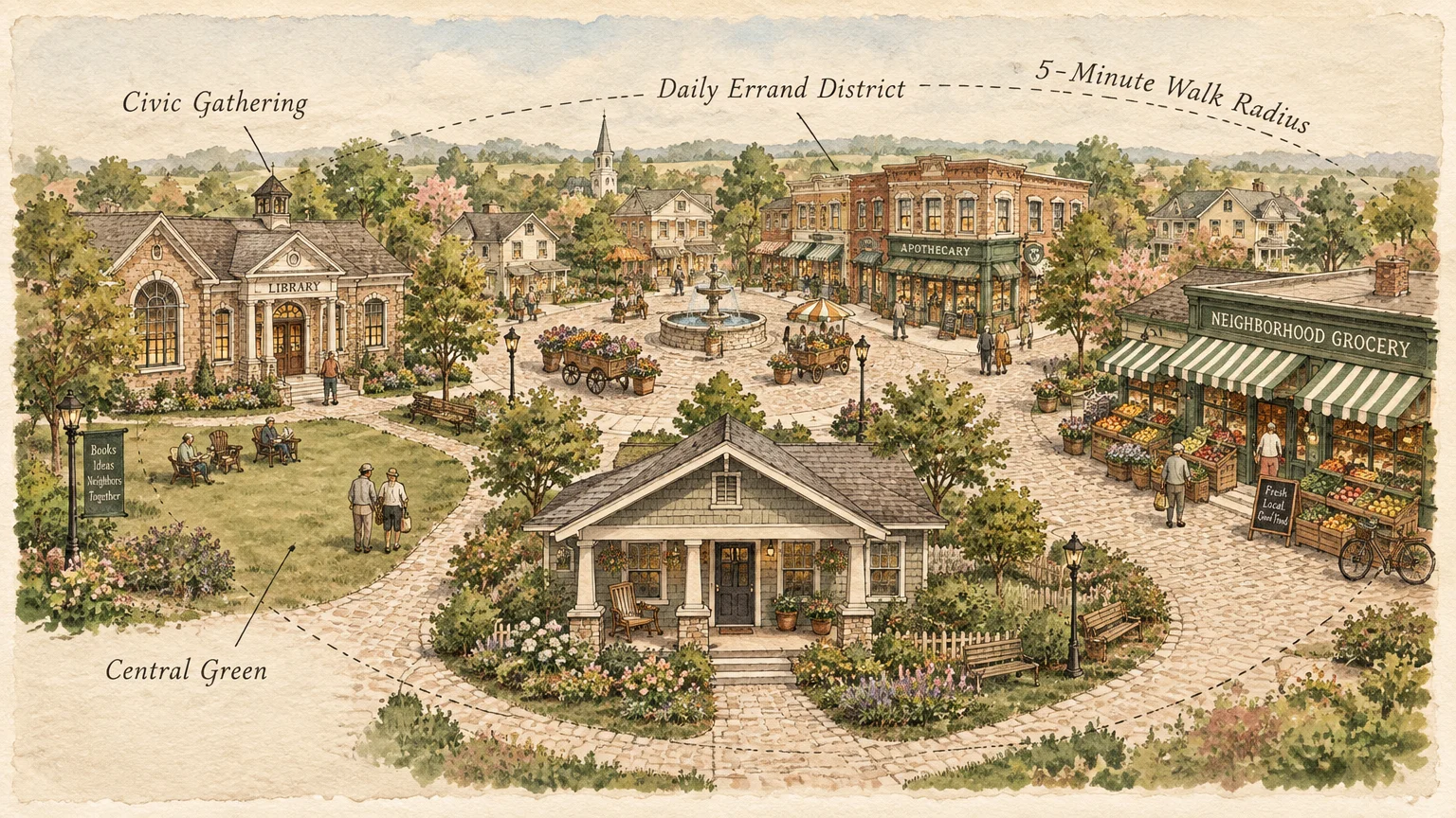 Illustration of a walkable village square showing a cottage, library, neighborhood grocery, and central green with pathways.