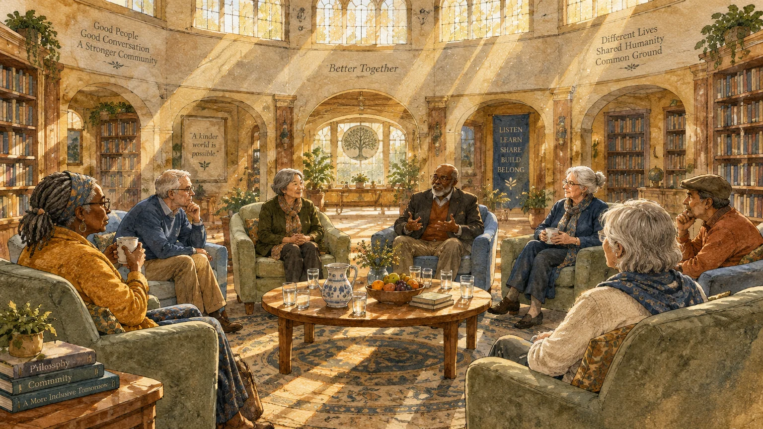 Diverse group of older adults sitting in armchairs in a sunlit circular library hall, having an engaging conversation.