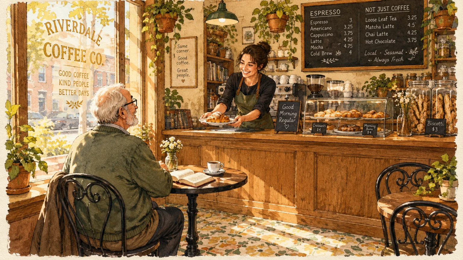 Illustration of a smiling barista serving a croissant to an elderly man seated at a table inside a cozy coffee shop.