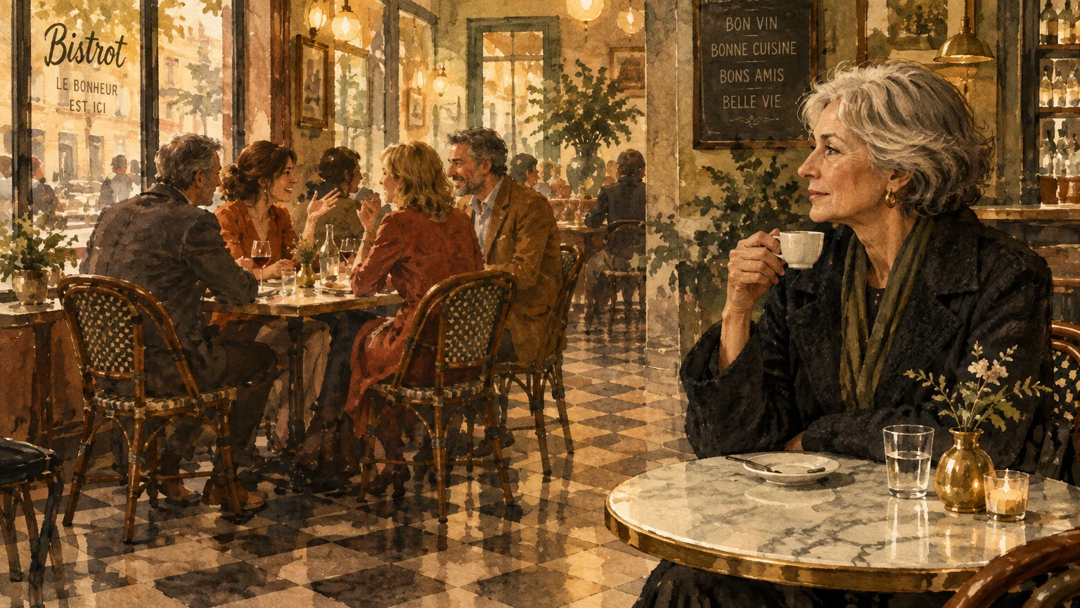 Watercolor illustration of an older woman sipping coffee alone at a bistro table near couples dining together.