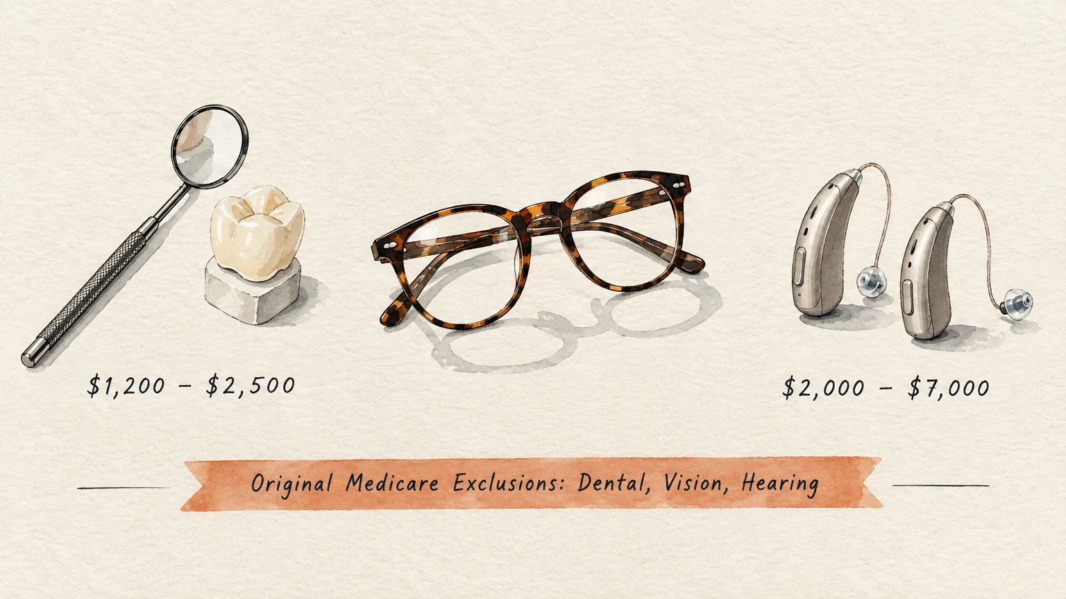 Watercolor illustration of a dental mirror and tooth, tortoiseshell eyeglasses, and two hearing aids with costs.