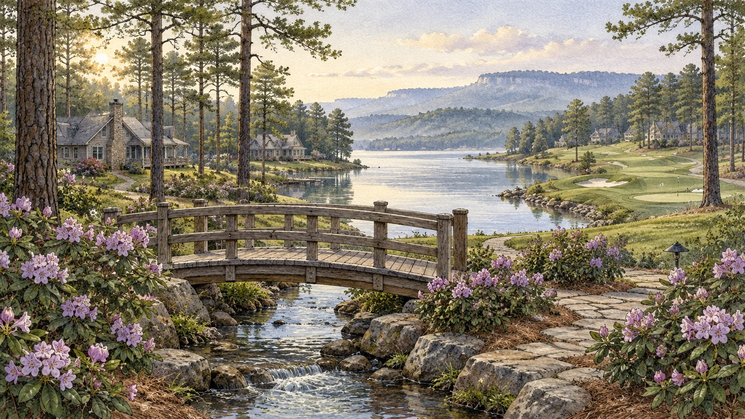 Watercolor illustration of a wooden footbridge over a stream beside a lake, with lakeside homes and a golf course.