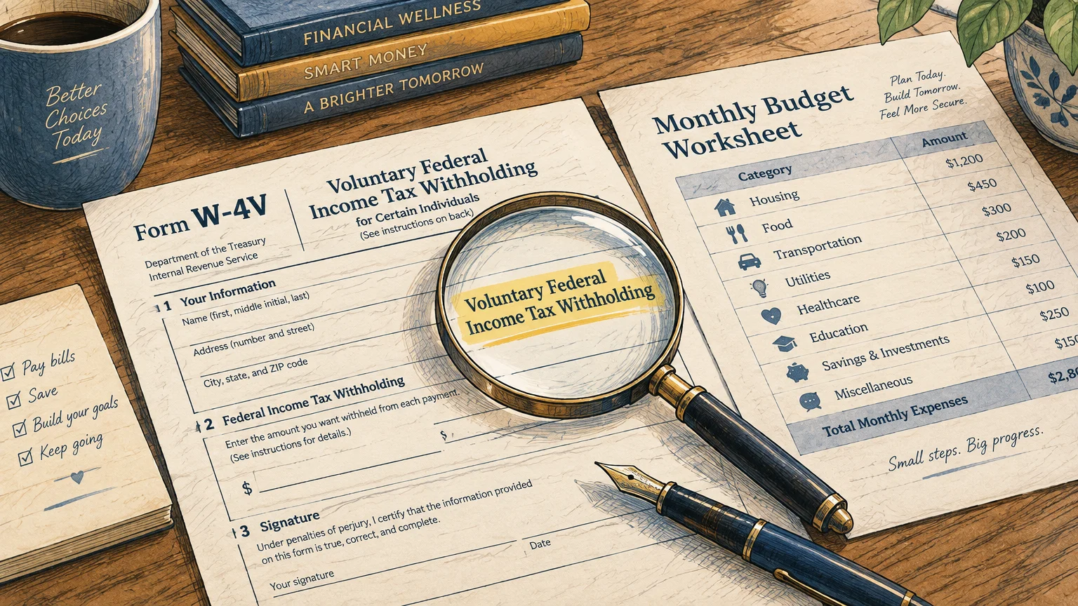 Illustration of Form W-4V with a magnifying glass, budget worksheet, fountain pen, and books on a desk.