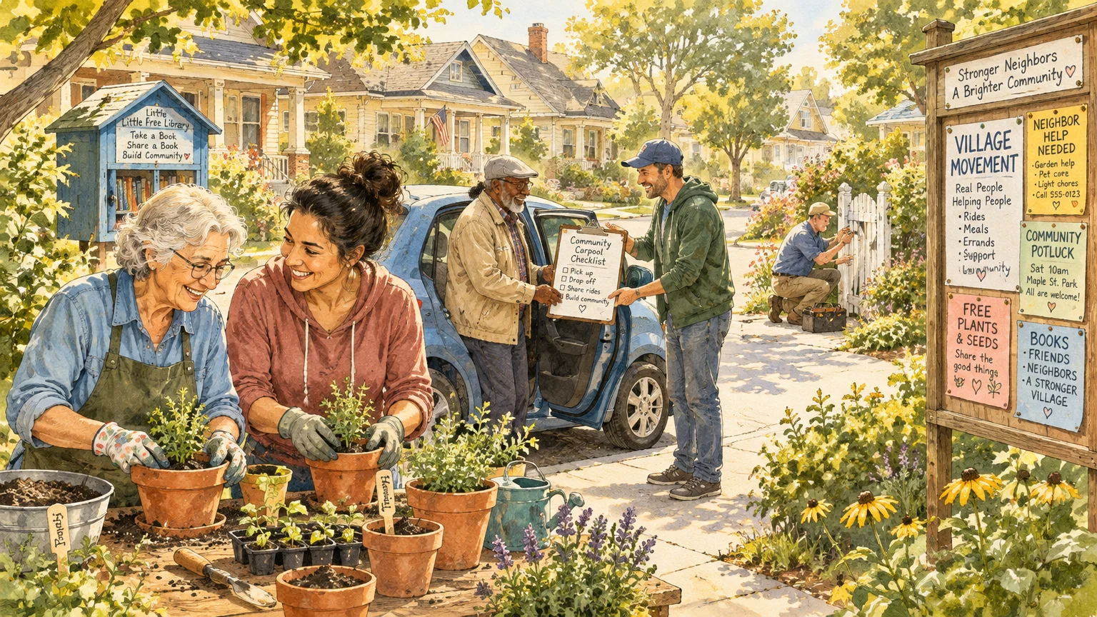 Watercolor of neighbors gardening, carpooling, and doing repairs along a suburban street near a community board.