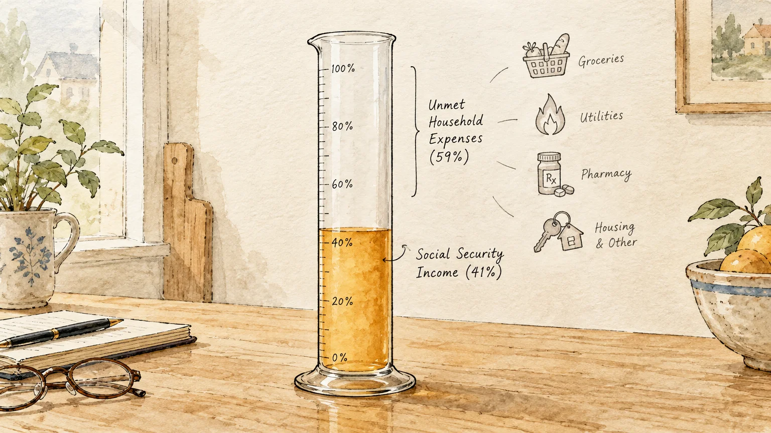 Watercolor illustration of a graduated cylinder on a desk filled 41% with liquid representing Social Security income.