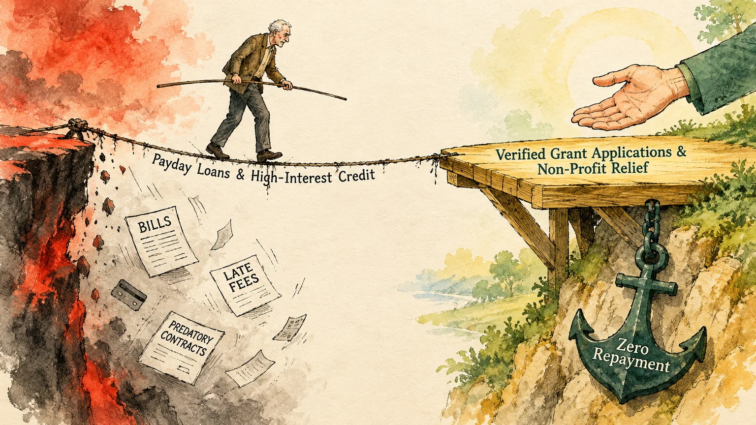 An older man walks a tightrope labeled payday loans toward a safe wooden platform with a helping hand outstretched.