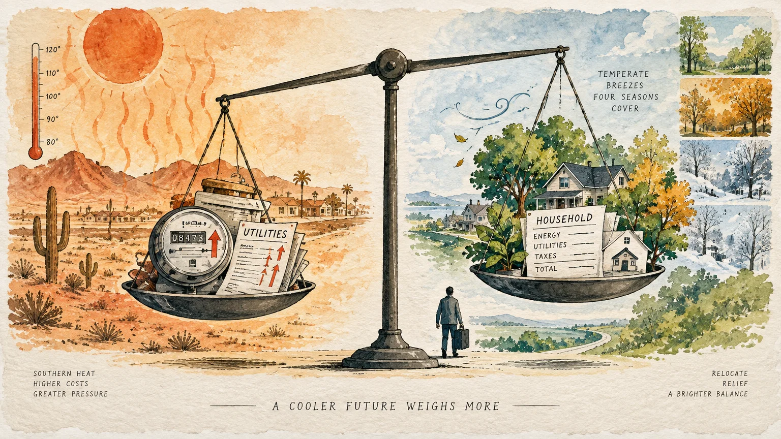 Watercolor illustration of a balance scale comparing high desert utility costs with a temperate, four-season landscape.