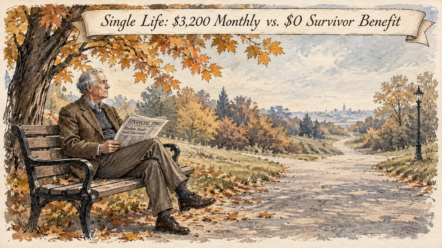 Ink illustration of an older man sitting on a park bench reading a newspaper under an autumn tree beside a winding path.