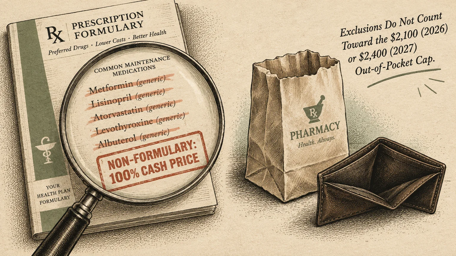 Illustration of a prescription formulary book under a magnifying glass beside a paper pharmacy bag and an empty wallet.