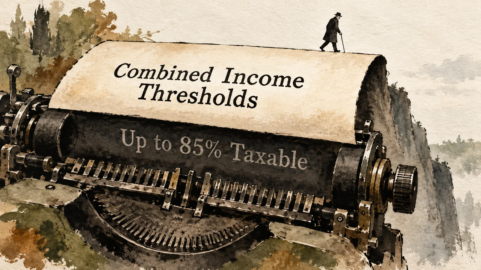 Illustration of a tiny man walking along paper feeding through a giant vintage typewriter mechanism on a cliff edge.