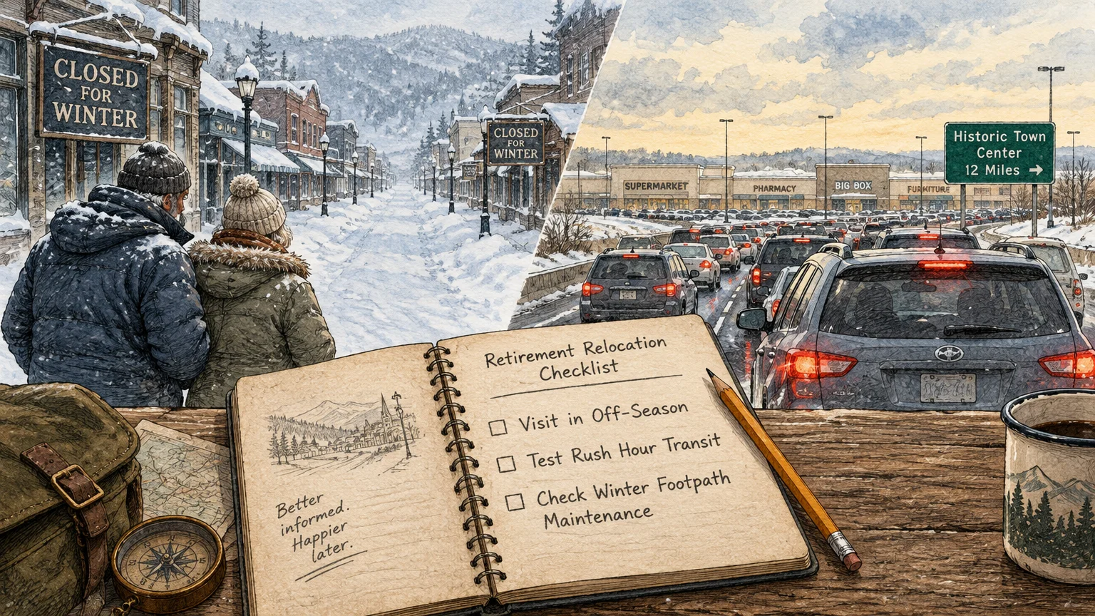 Split scene showing a snowy shuttered town, traffic jam, and a retirement relocation checklist notebook on a wooden desk.