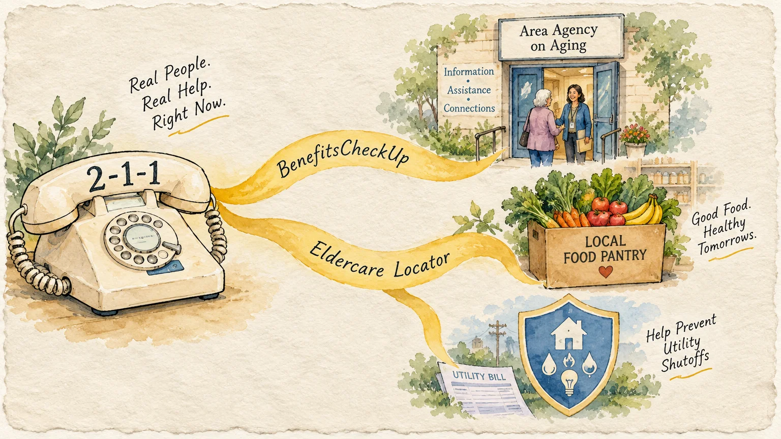 Illustration of a rotary phone labeled 2-1-1 connected by yellow ribbons to community aid services, food, and utility help.