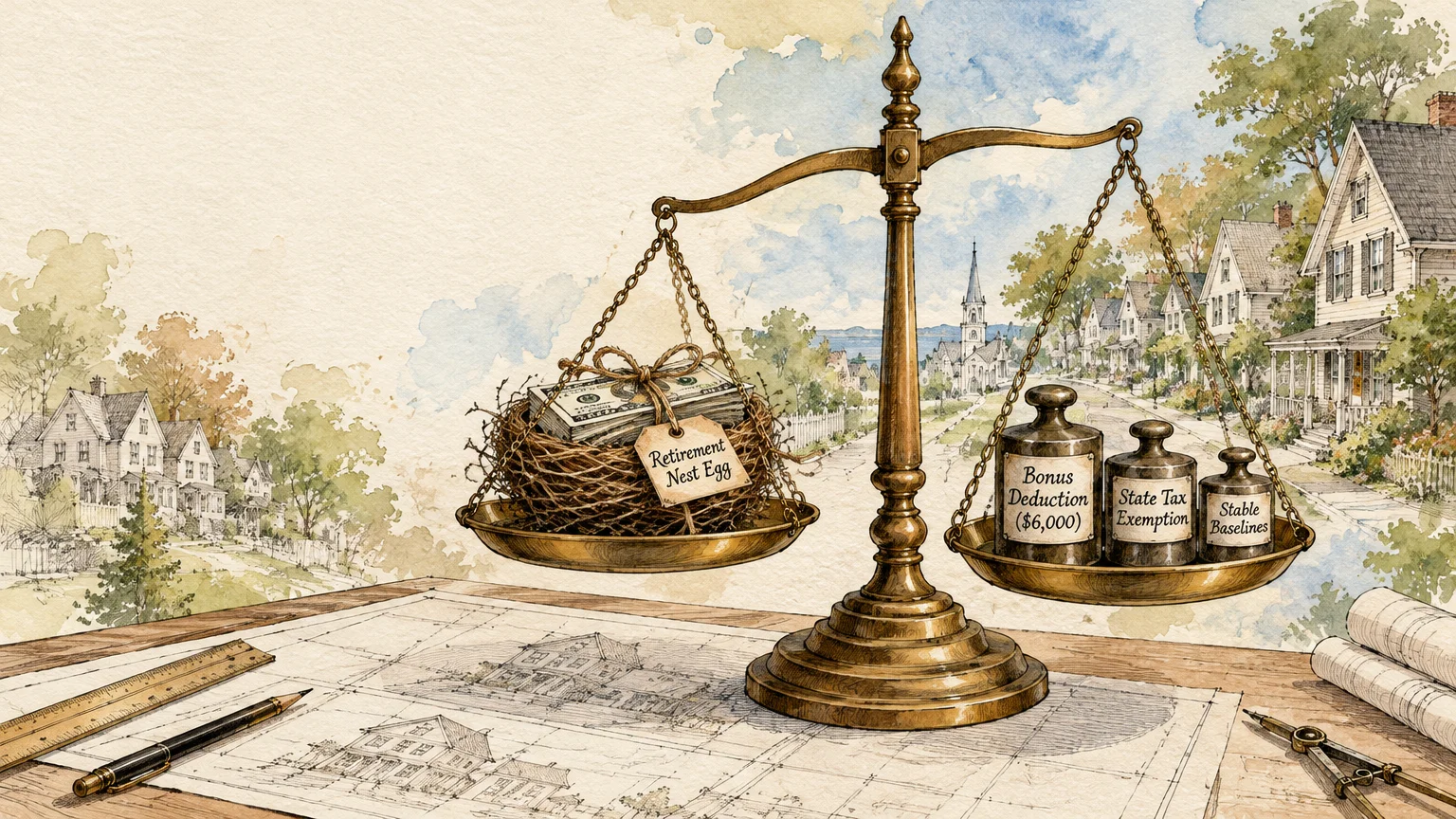 Brass balance scale with money in a nest on one side and labeled weights on the other, set against a town blueprint.