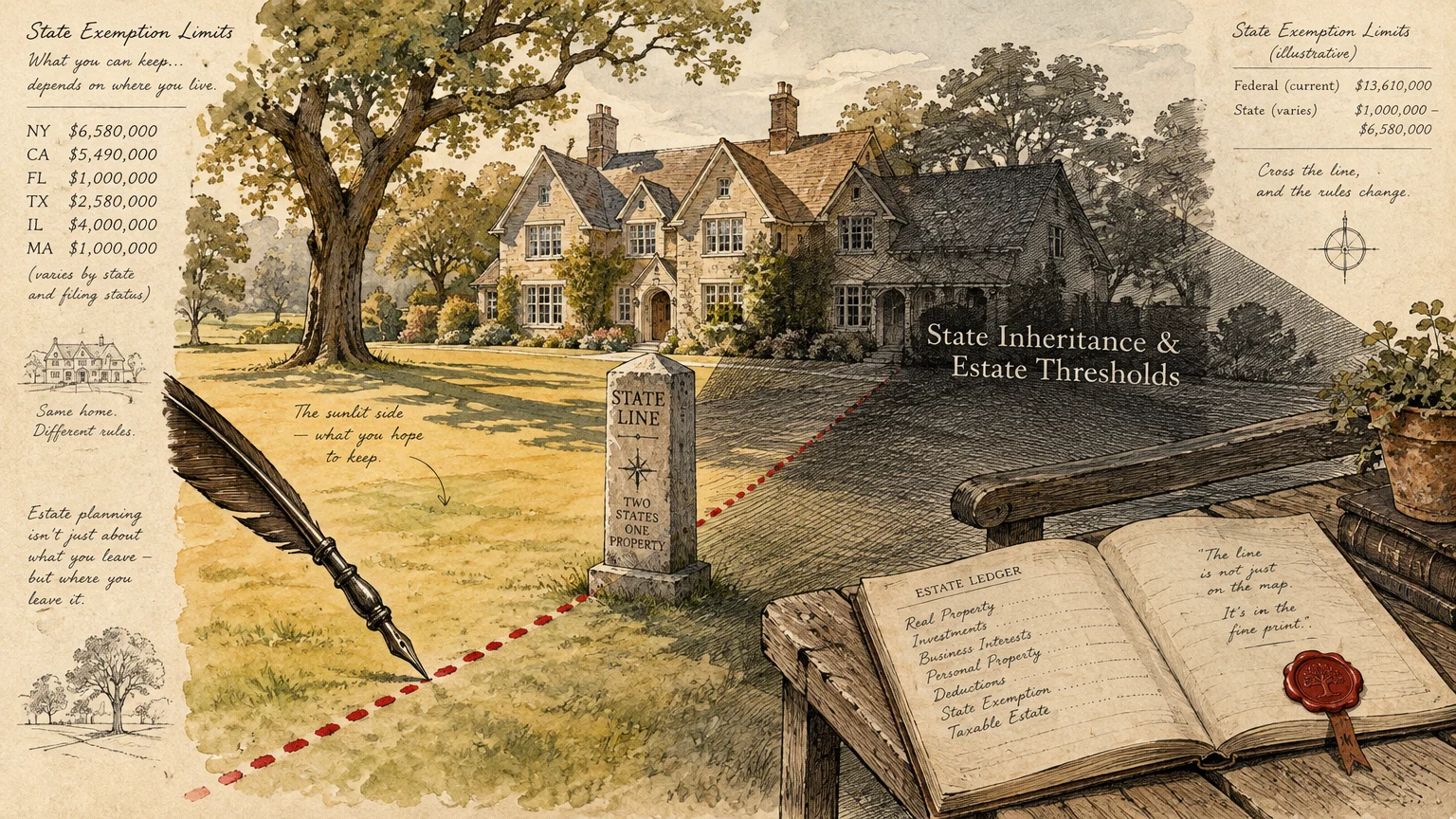 Illustration of a stone estate divided by a state line marker, with a quill pen, open ledger, and text callouts.