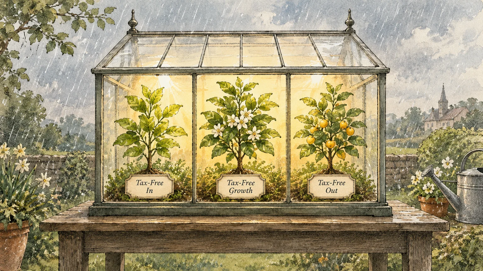 Illustration of three plants in a glass terrarium labeled Tax-Free In, Tax-Free Growth, and Tax-Free Out during rain.