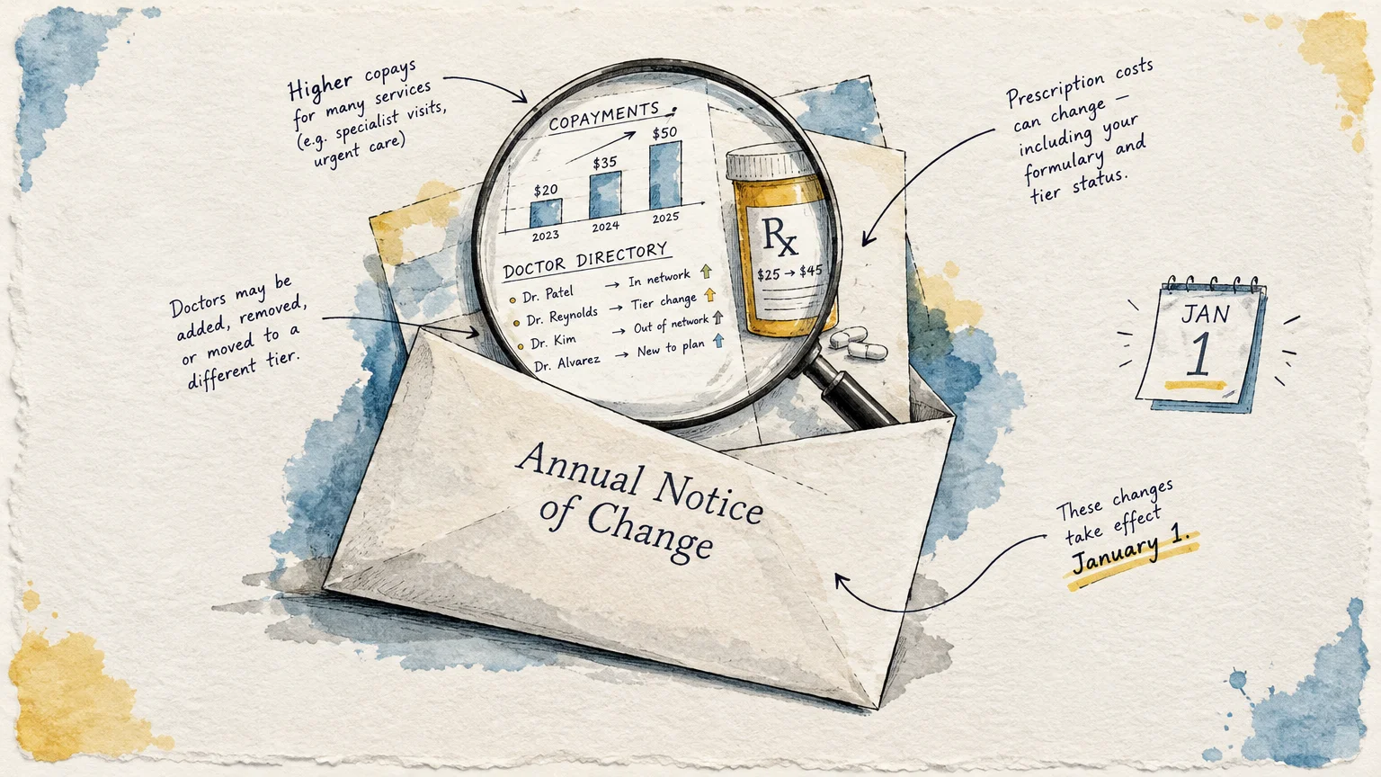 Illustration of an Annual Notice of Change envelope with a magnifying glass showing rising copayments and doctor changes.