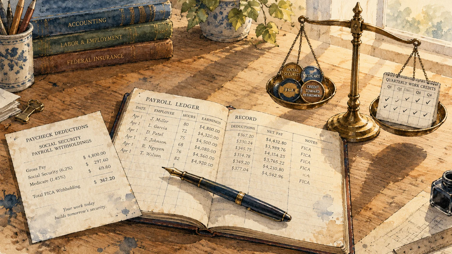 An open payroll ledger, fountain pen, paycheck deductions slip, law books, and brass balance scale on a wooden desk.