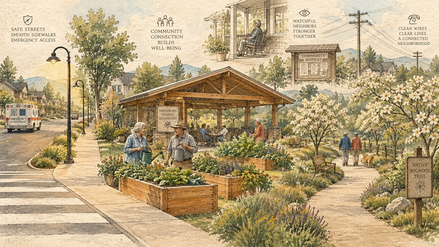 Illustration of a neighborhood featuring an ambulance, a pavilion, raised garden beds, and seniors walking on a path.