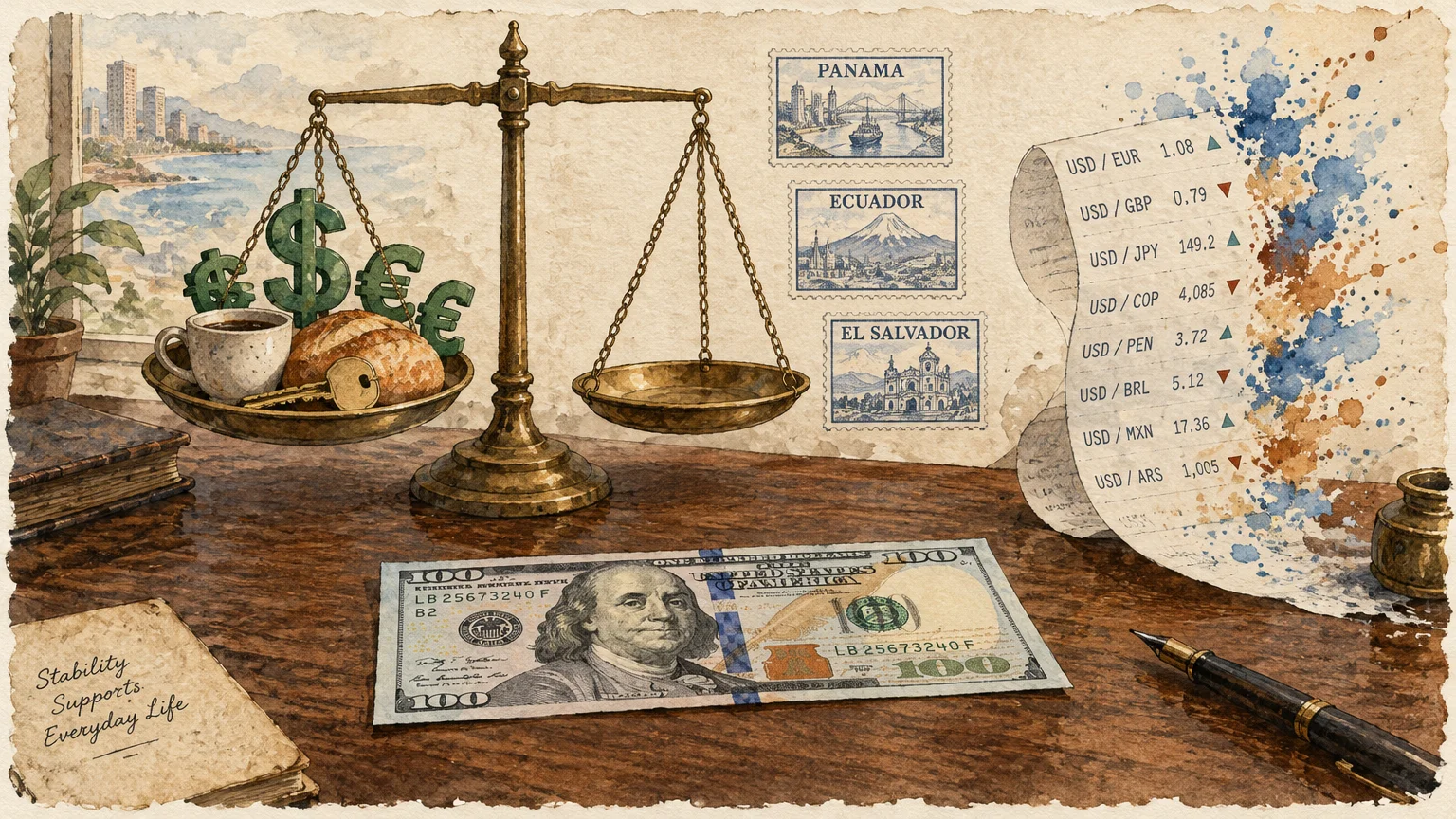 Illustration of a scale weighing currency symbols and food beside a US hundred-dollar bill, stamps, and currency exchange rates.