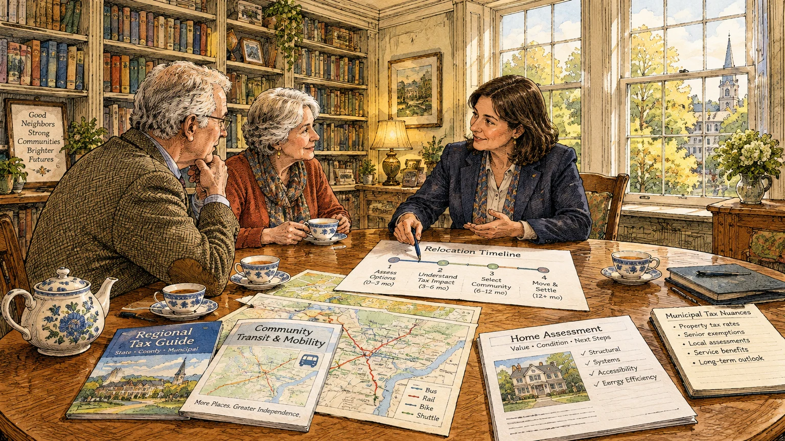 Illustration of an older couple consulting a professional advisor seated at a table covered in relocation guides and maps.