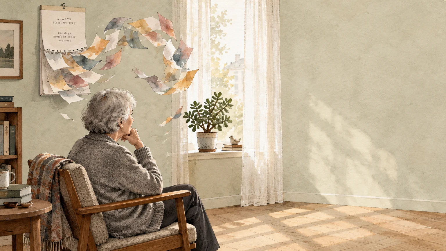 Illustration of an older woman sitting in an armchair looking toward a window as calendar pages float through the air.
