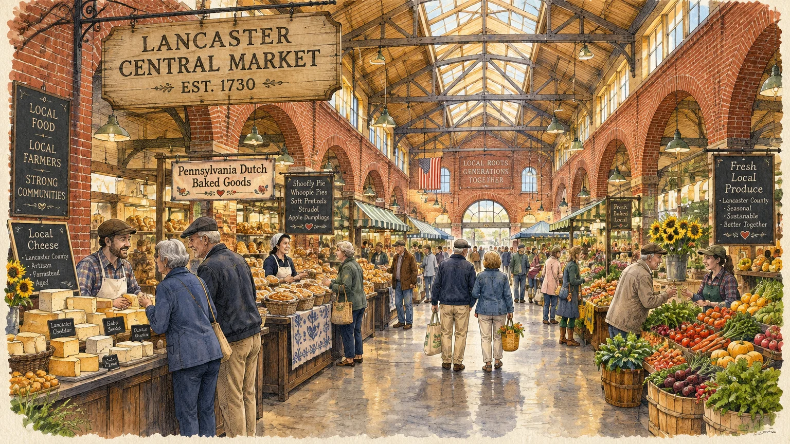 Shoppers browse produce, cheese, and baked goods at indoor Lancaster Central Market with brick arches and wooden rafters.