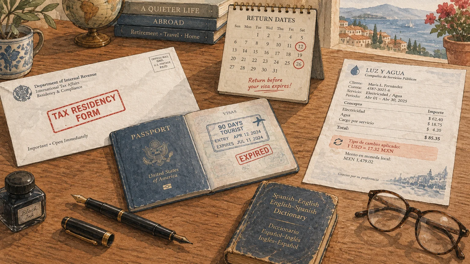 Illustration of a desk with an open passport, tax residency form, desk calendar, Spanish dictionary, and utility bill.