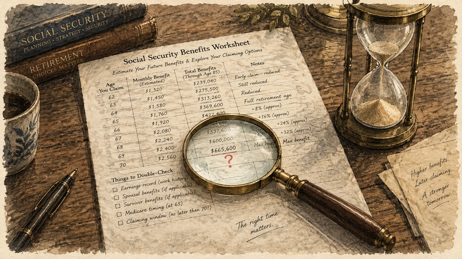 Illustration of a Social Security benefits worksheet with a magnifying glass, hourglass, books, and pen on a wooden desk.