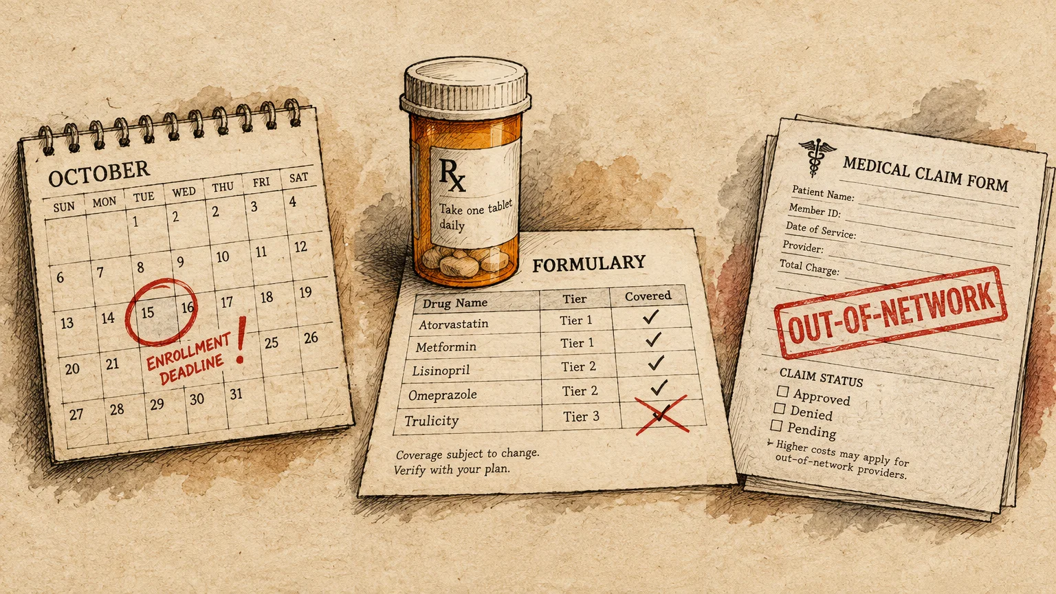 Illustration of a calendar marked with an enrollment deadline, a prescription bottle on a formulary list, and a claim form.