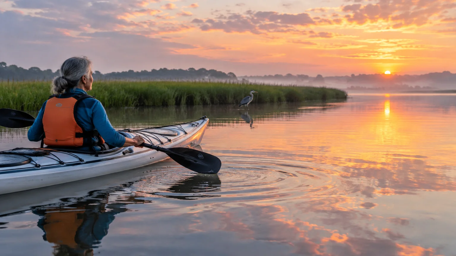 Older woman paddling a kayak on calm water toward a colorful sunrise, with a heron standing near grassy banks.
