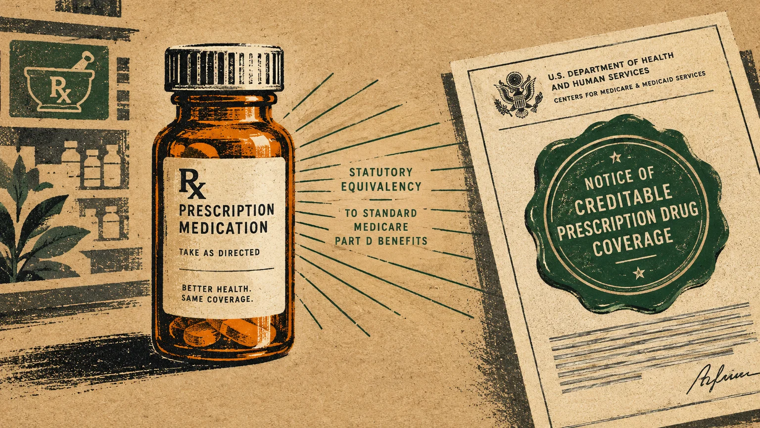 Illustration of an amber pill bottle alongside an official notice of creditable prescription drug coverage document.