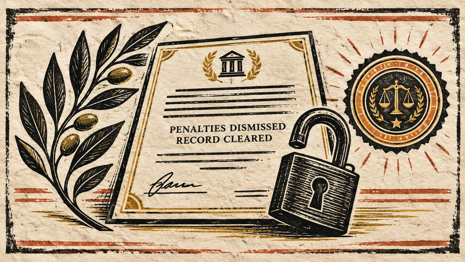 Linocut illustration of a document reading "Penalties Dismissed Record Cleared" beside an open padlock and an olive branch.