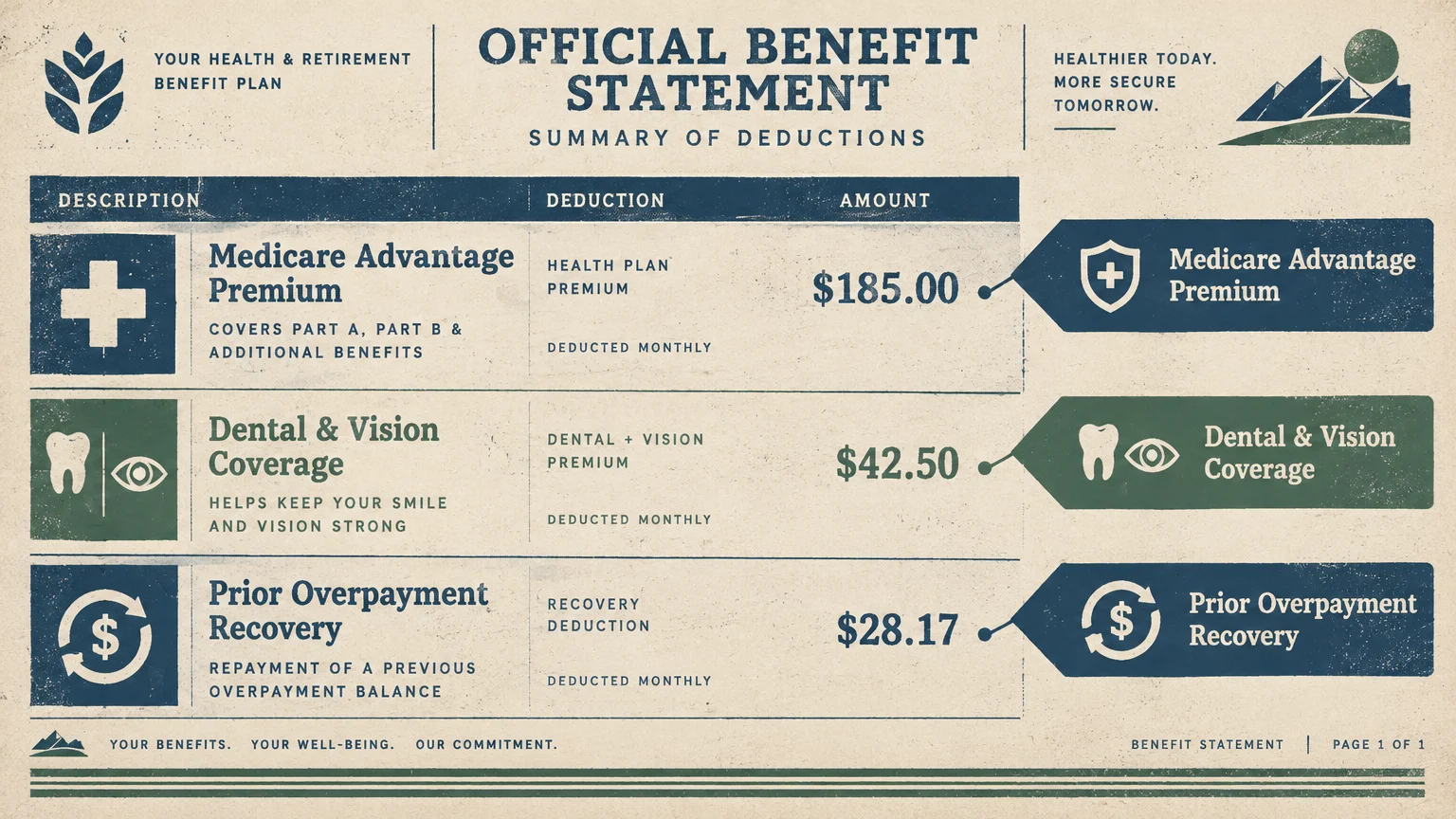 Illustrated benefit statement showing deductions for Medicare Advantage, dental and vision coverage, and overpayment recovery.