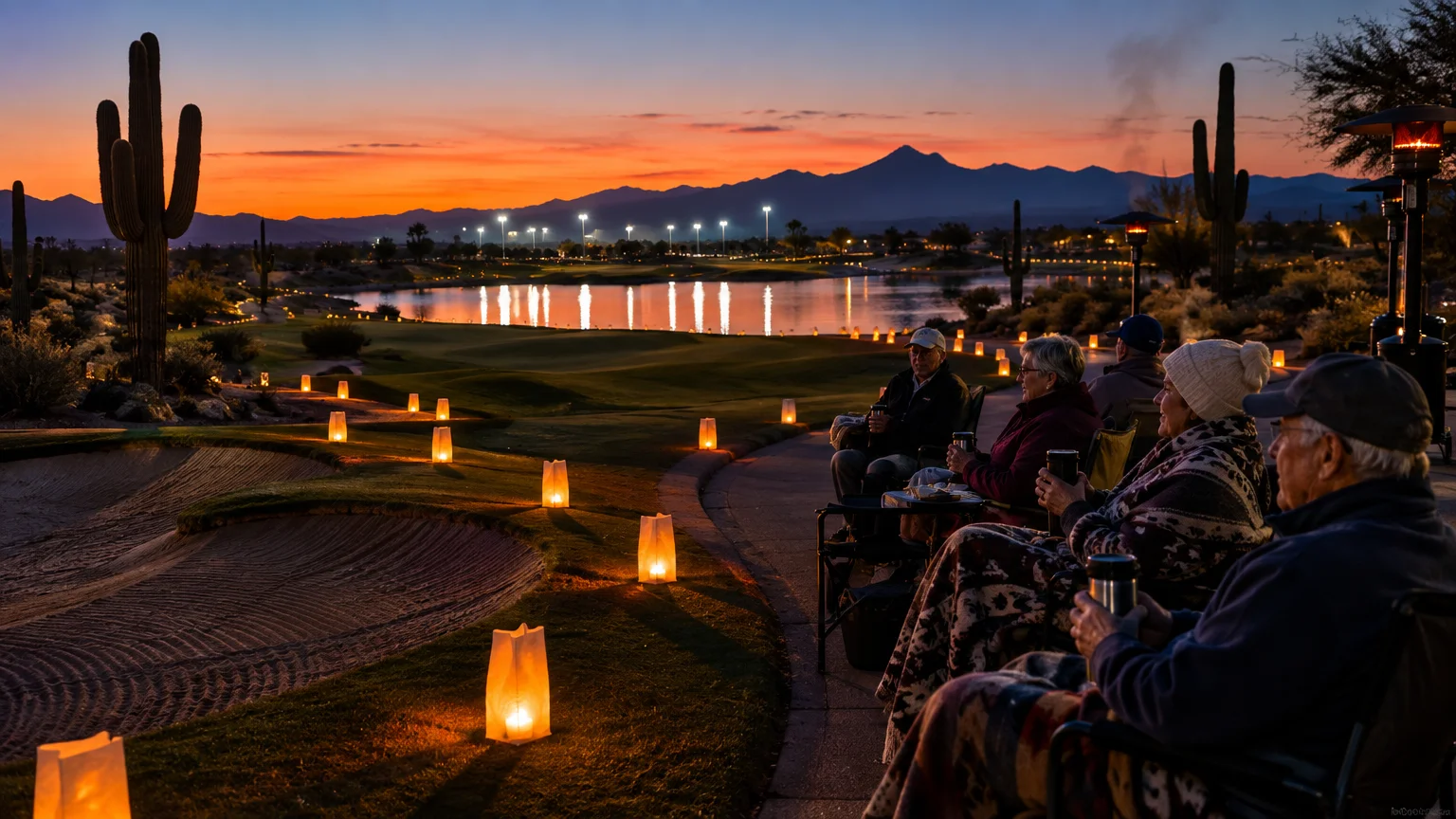 Retirees sit on a desert golf course at sunset watching glowing paper bag luminarias line the fairway and path.