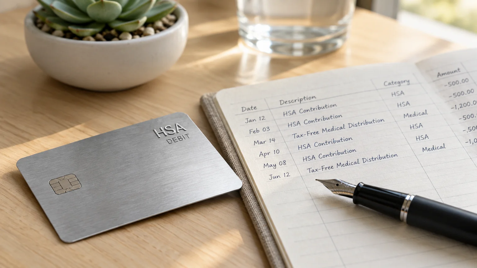 A brushed metal HSA debit card beside a financial ledger listing contributions and distributions, with a fountain pen.