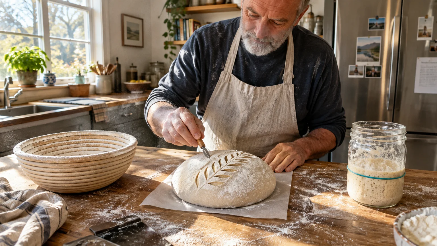 A senior man scoring an unbaked sourdough loaf with a lame on a wooden counter beside a proofing basket and starter jar.