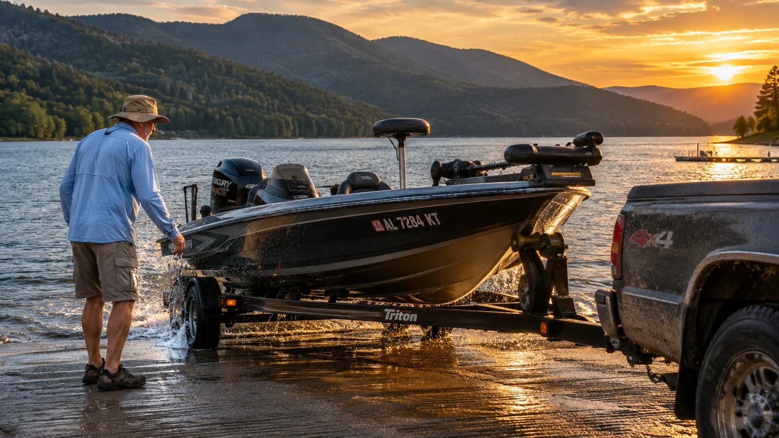 Man in a sun hat launching a bass boat from a trailer into a lake at sunset against forested hills.