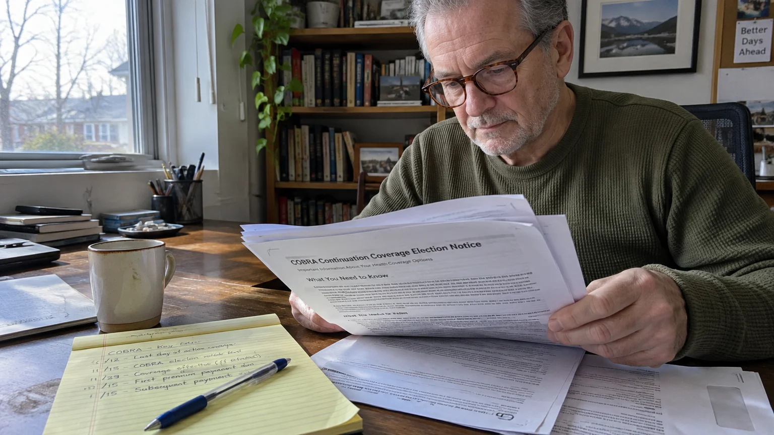 An older man wearing glasses reads a COBRA Continuation Coverage Election Notice document at a wooden desk.