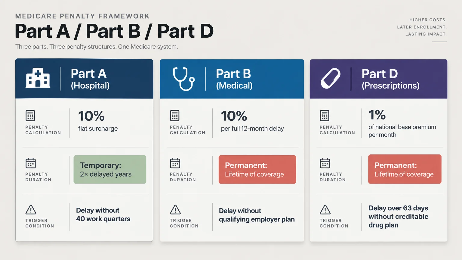 Infographic comparing Medicare Part A, Part B, and Part D penalty calculations, durations, and trigger conditions.