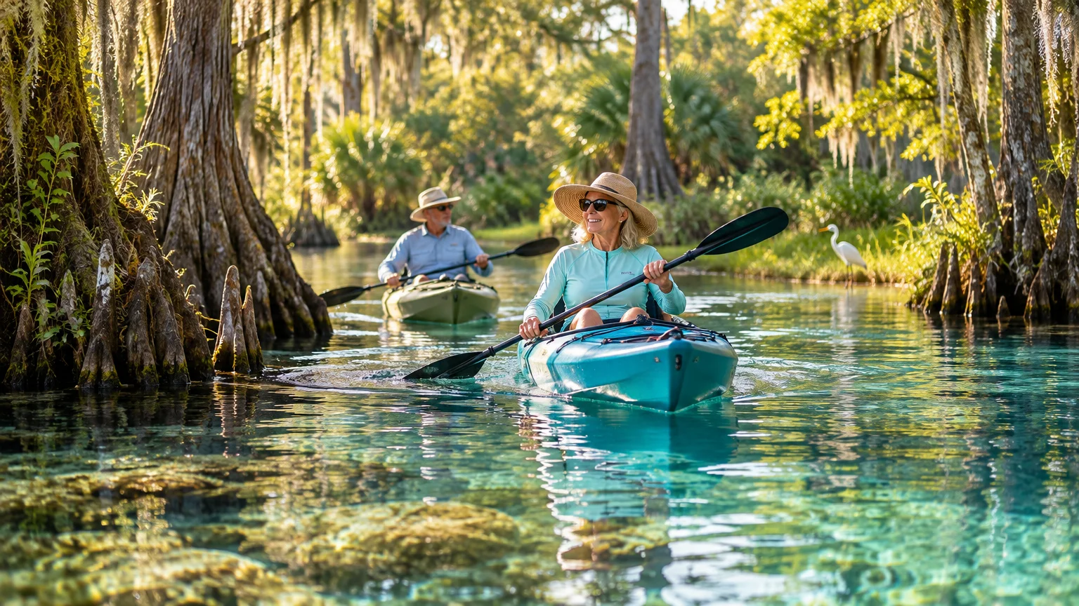 A man and woman kayak along a sunlit, crystal-clear river surrounded by cypress trees draped in Spanish moss.