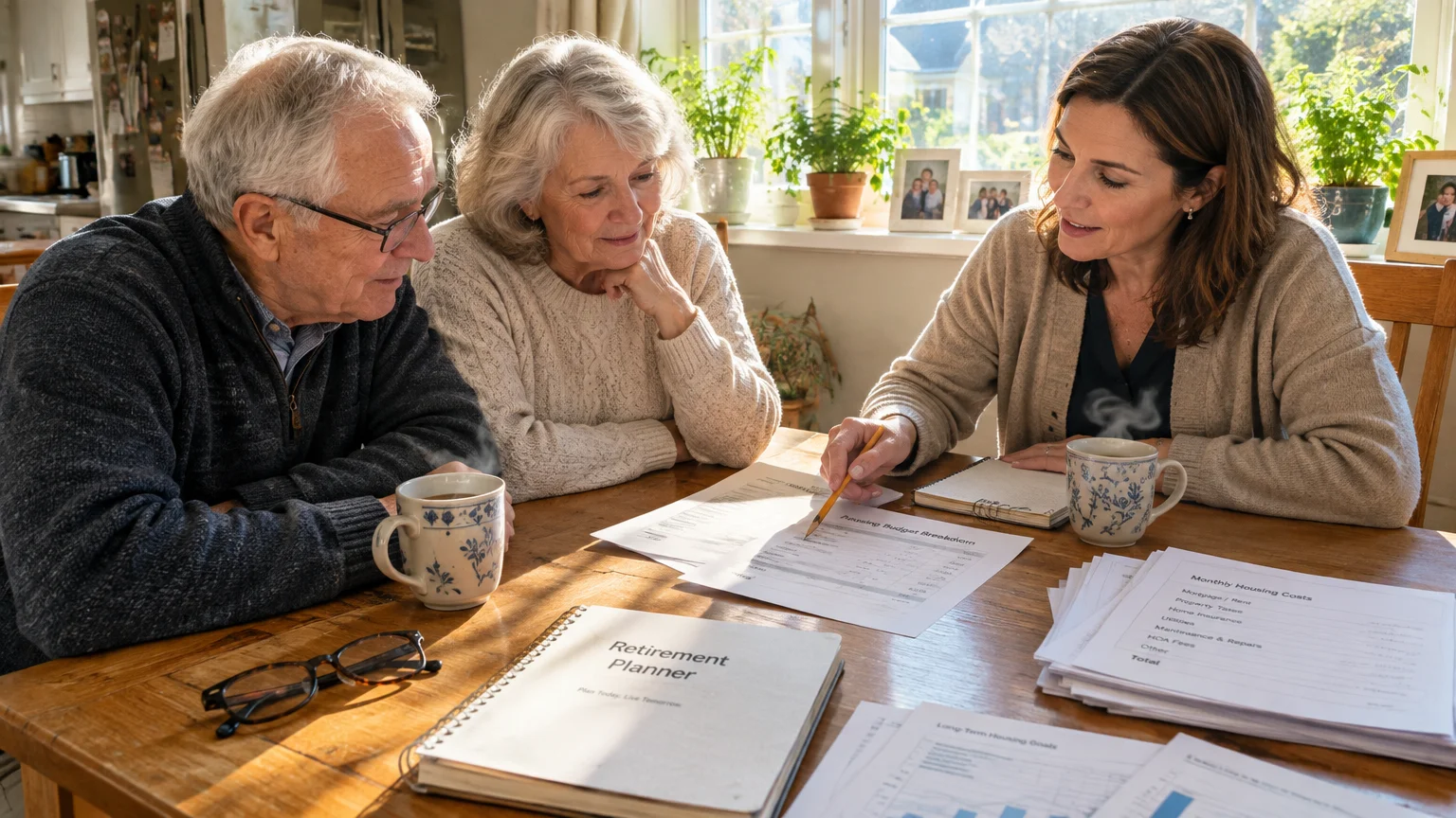 A female advisor points with a pencil to paperwork while discussing financial plans with a senior couple at a table.