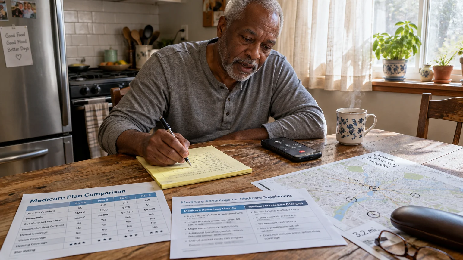 Senior man sitting at a kitchen table taking notes next to Medicare comparison papers, a smartphone, and a map.