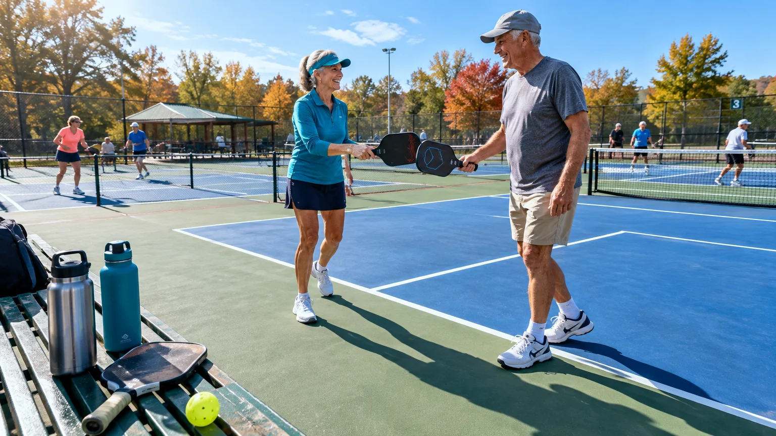 A smiling senior man and woman tap pickleball paddles together on an outdoor court beside other players on a sunny day.