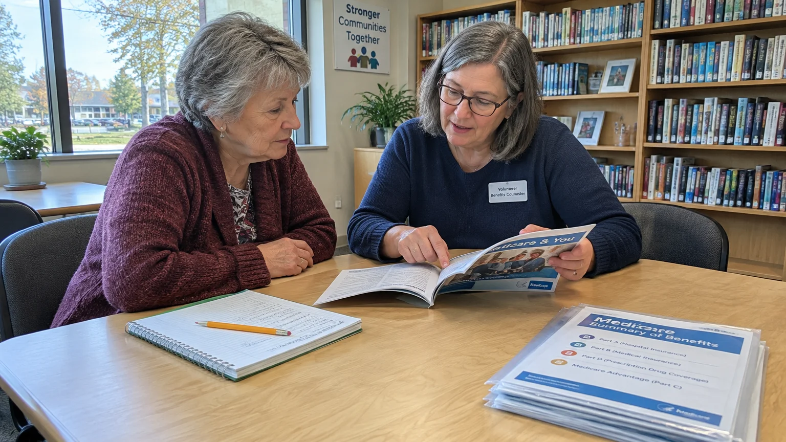 A benefits counselor points to a Medicare handbook while sitting at a library table across from an older woman.