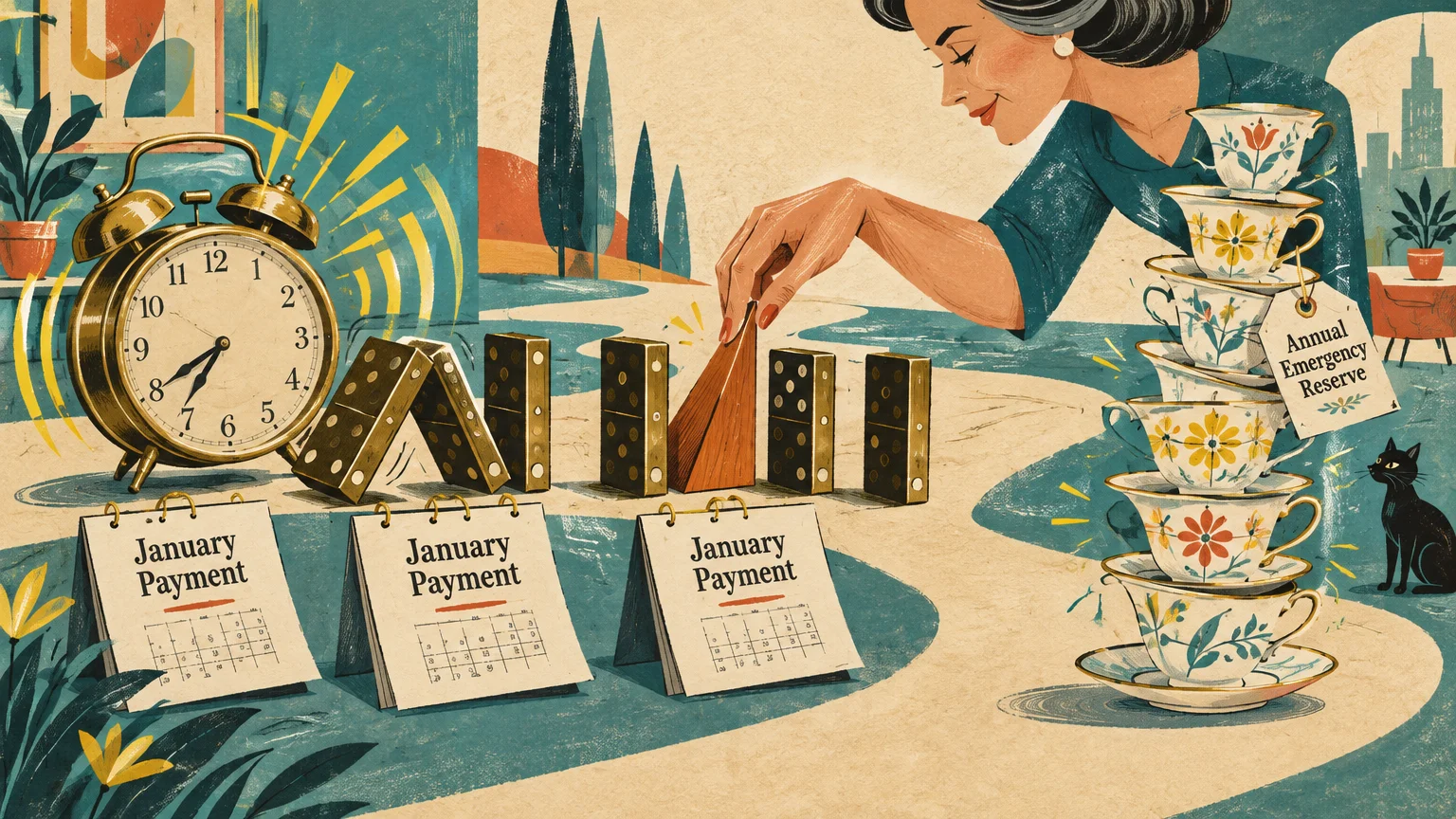Illustration of a woman stopping falling dominoes near an alarm clock, calendar pads, and a precarious stack of teacups.